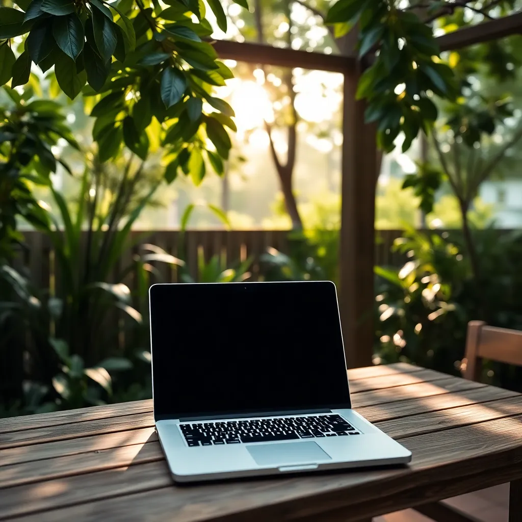A peaceful outdoor workspace with a laptop on a wooden table, surrounded by green plants and soft natural light.
