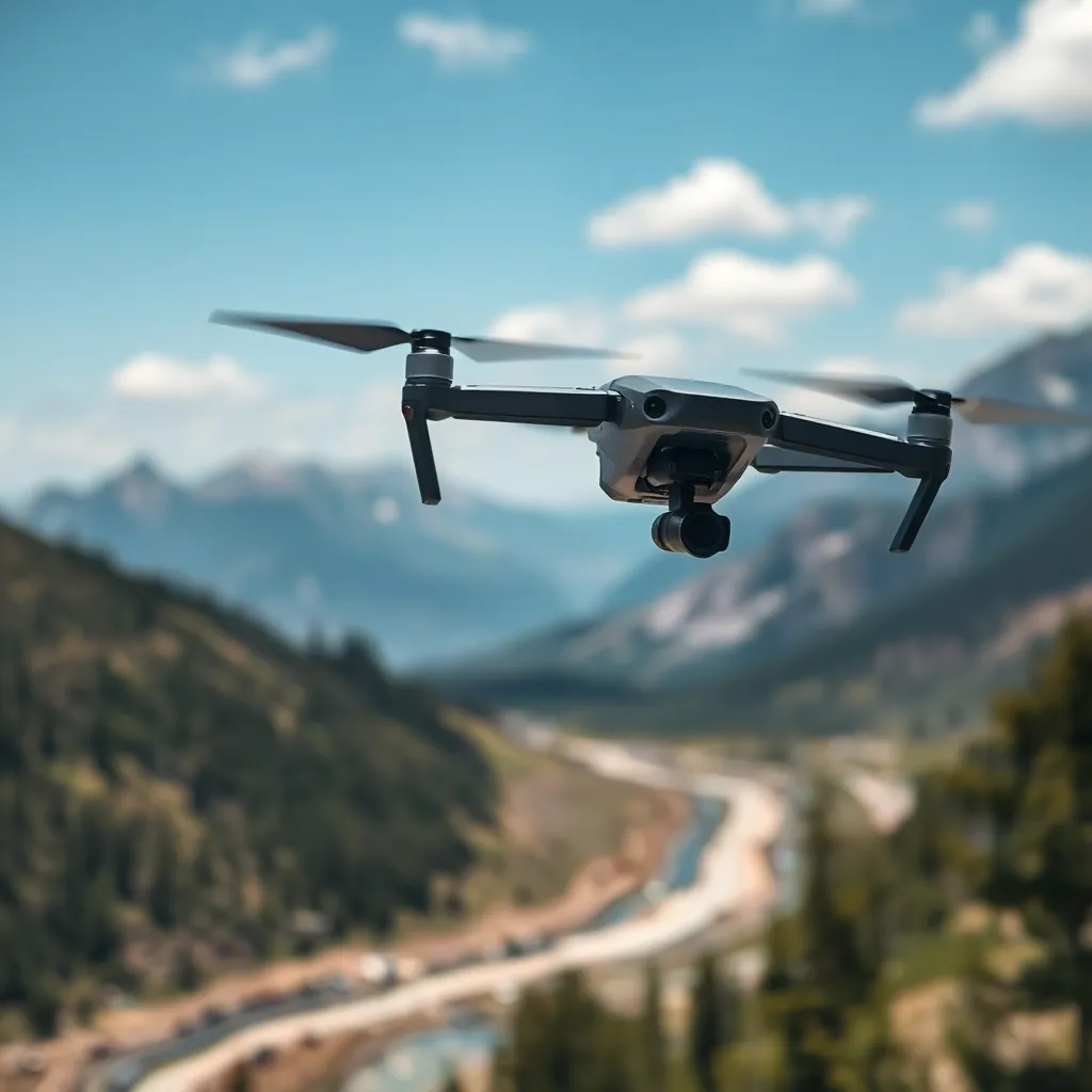 A high-tech drone flies above a beautiful landscape with mountains in the background.