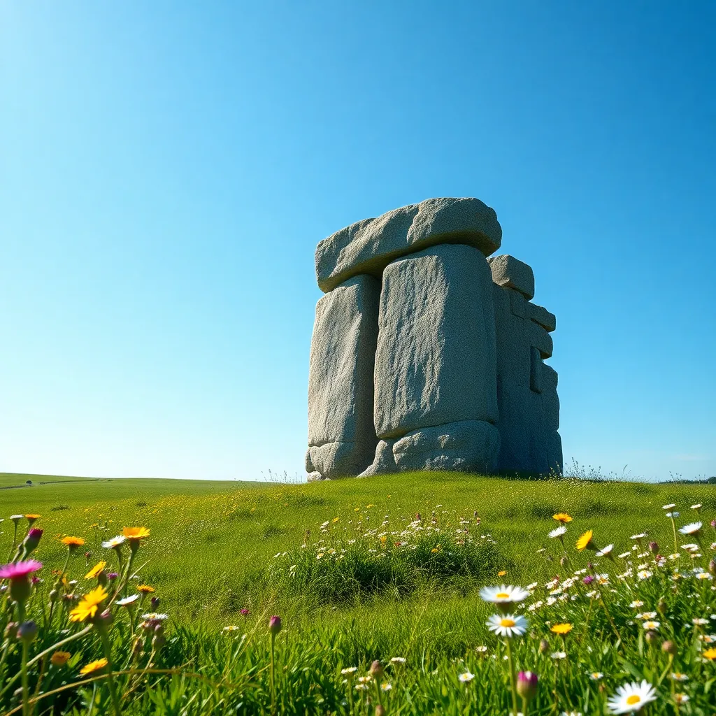 A clear photo of an ancient megalith in green fields, surrounded by wildflowers under a blue sky.
