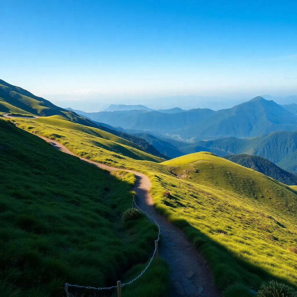 A scenic hiking trail winds through lush green hills under a clear blue sky, with distant mountains in the background.