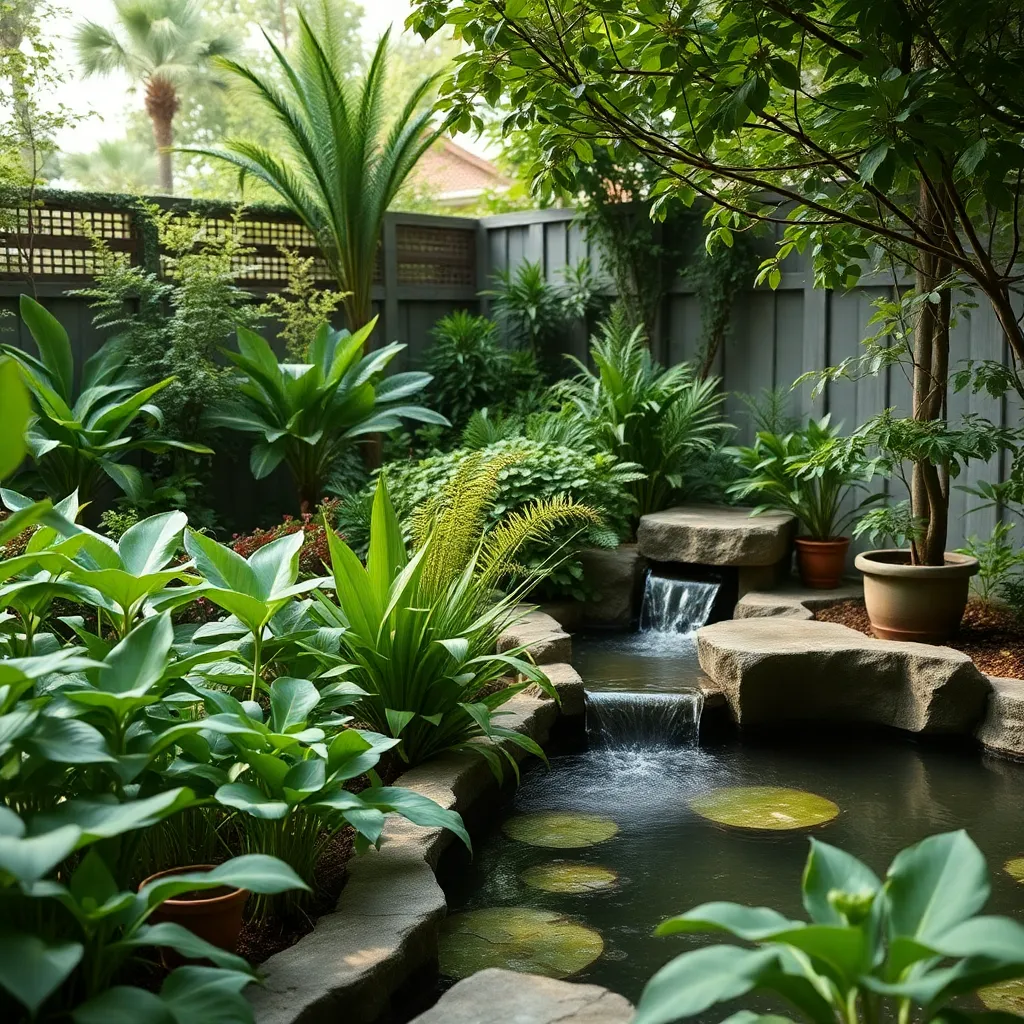 Serene garden scene with lush greenery and a tranquil water feature.