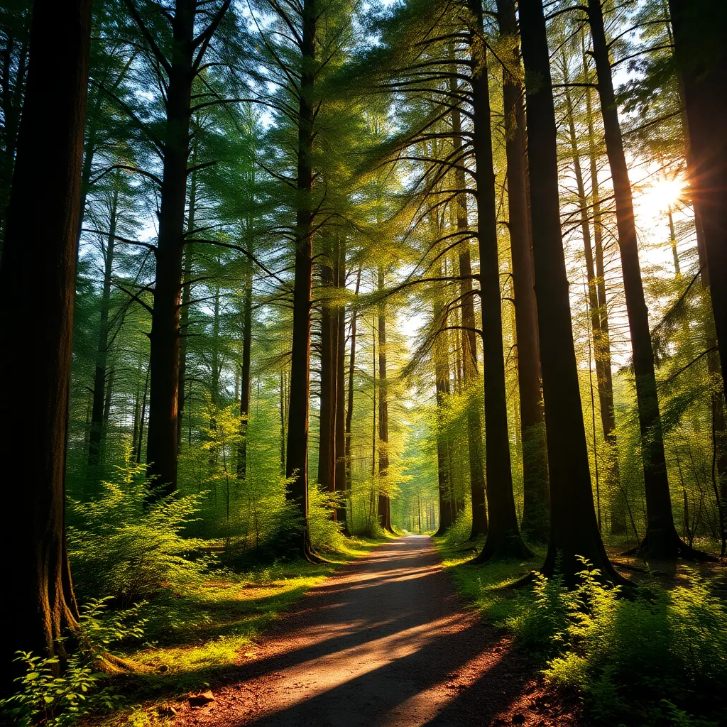 A peaceful forest pathway lined with tall trees and soft sunlight filtering through the leaves.