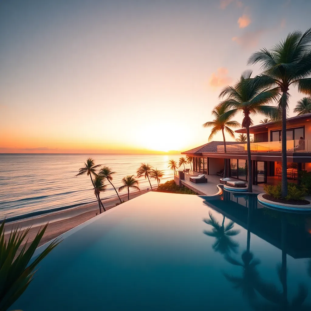 A stunning villa by the beach at sunset, surrounded by swaying palm trees.