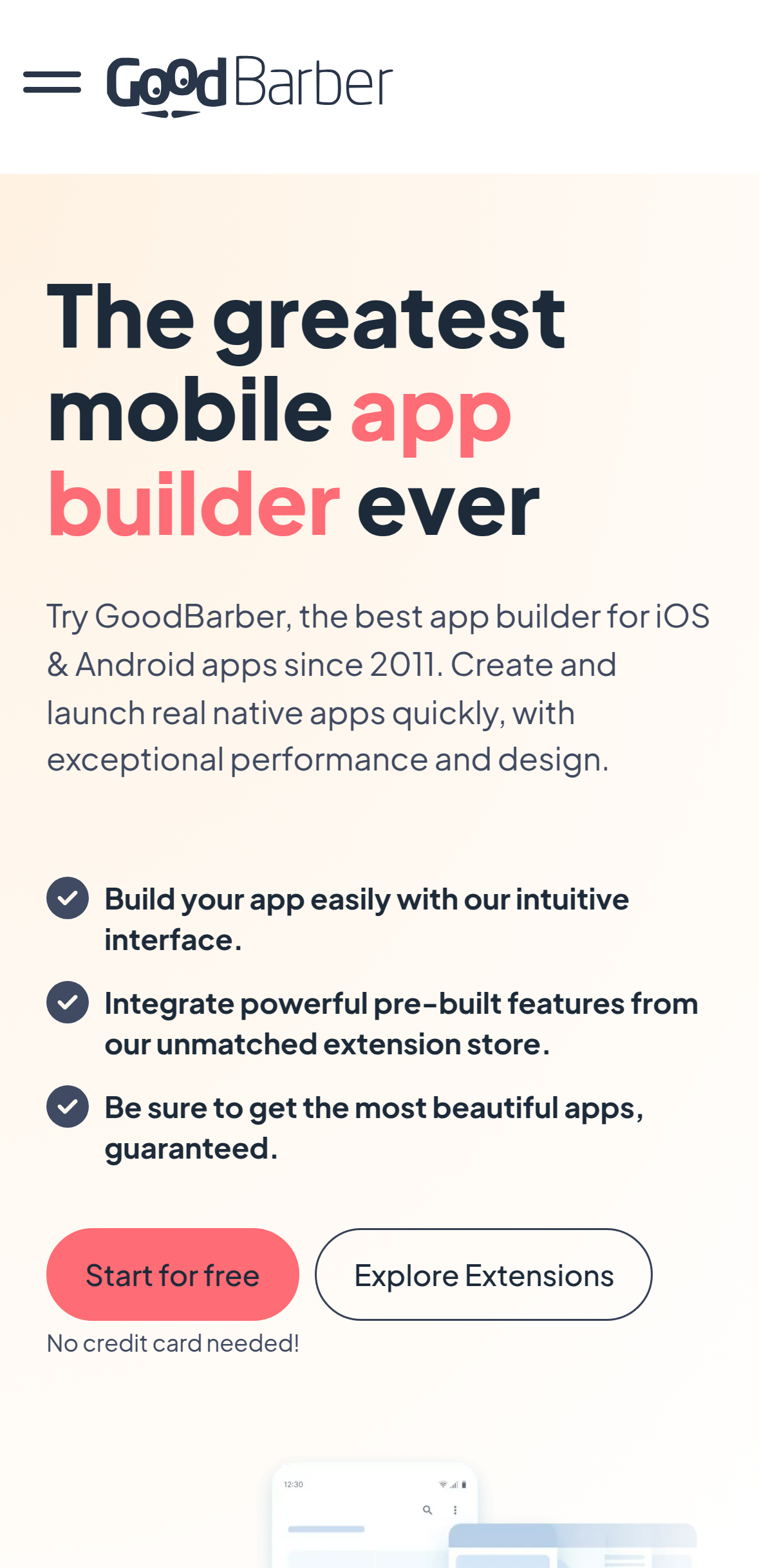 GoodBarber homepage screenshot
